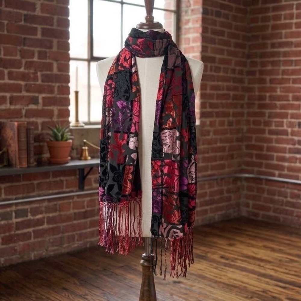 Velvet Devore Scarf Floral Burnout Fringed Festival Whimsigoth Romantic Boho